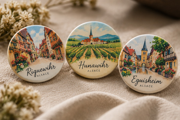 Round illustrated magnets of picturesque Alsace villages