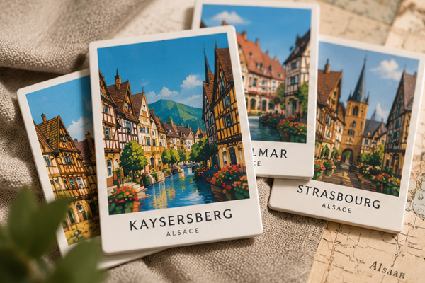 Illustrated Alsace souvenir magnets in a travel poster style