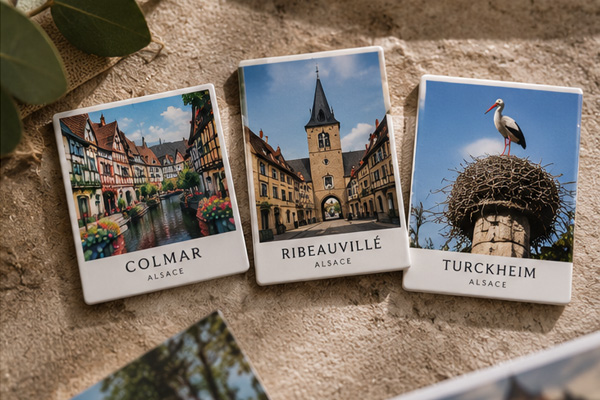 A collection of illustrated Alsace place magnets