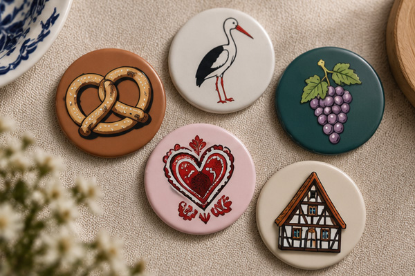 Round souvenir magnets featuring symbols of Alsace